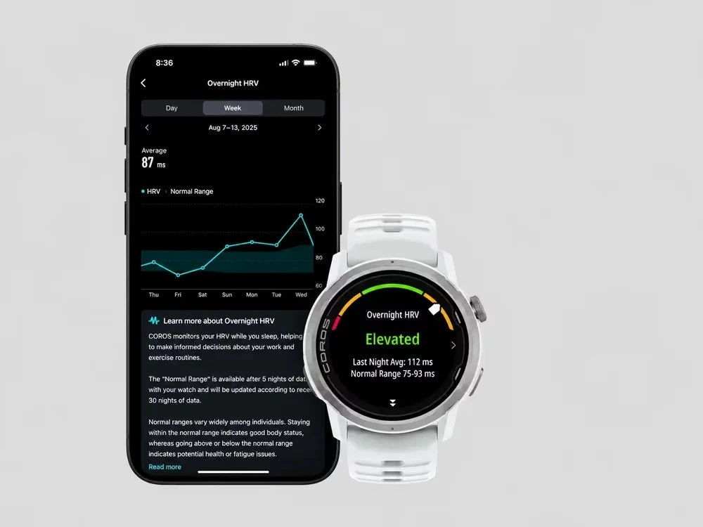 Nocne HRV na telefonie i zegarku COROS APEX 4